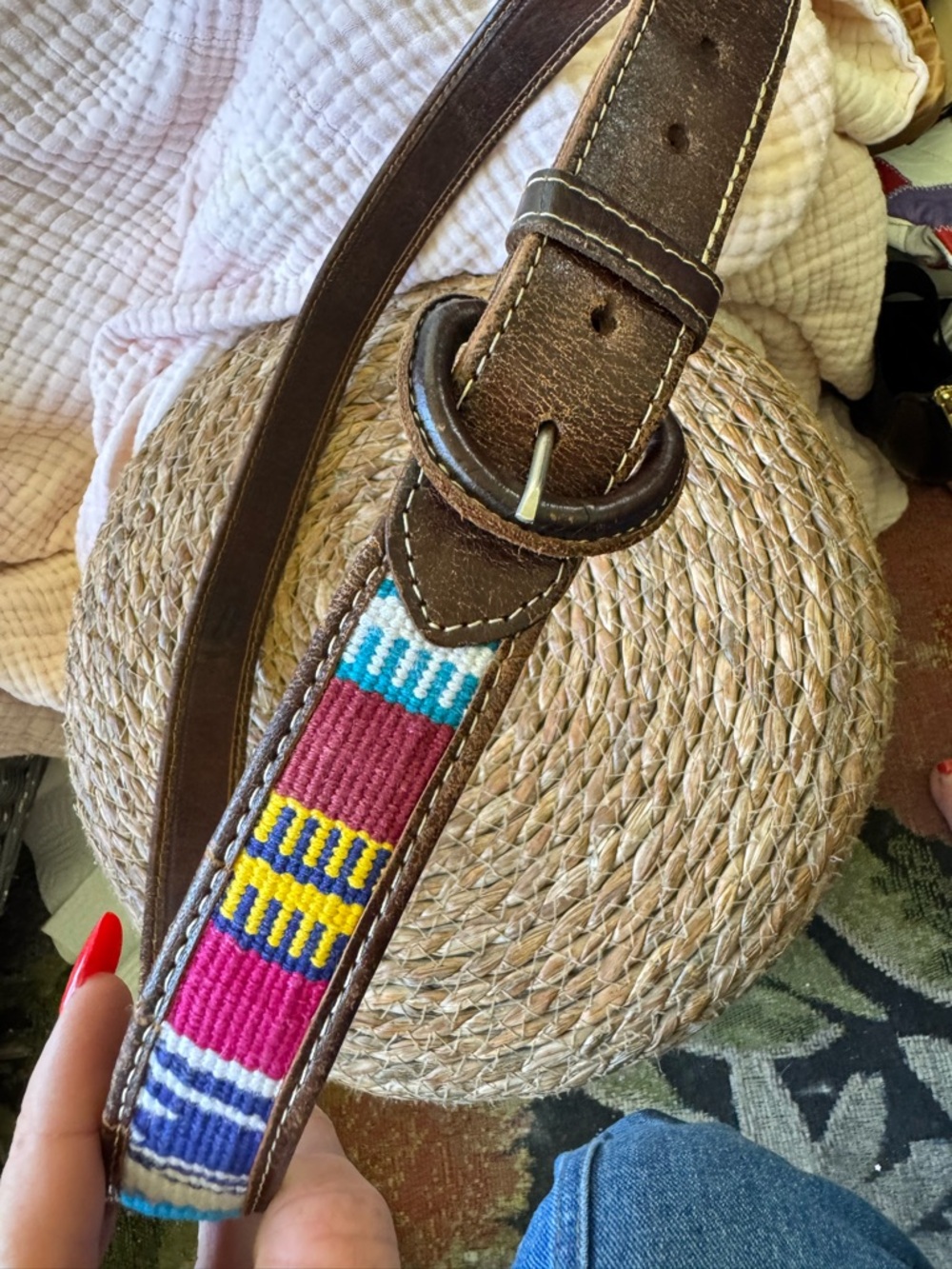 Leather & Colorful Woven Strap early 90s/late 80s belt. Sz 40. Boho, tribal